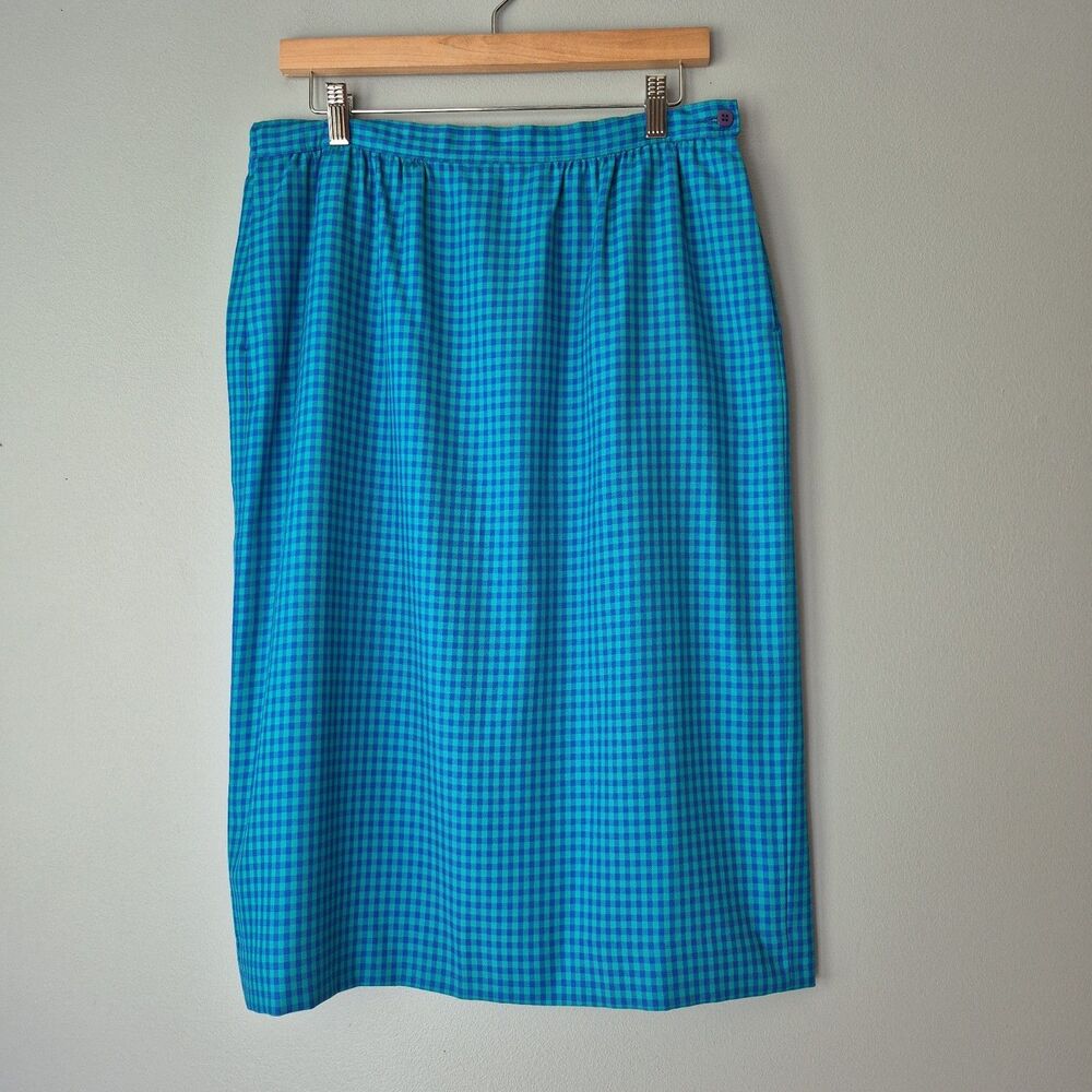 Sophisticates Pendleton Blue Micro Check Gingham VTG Straight Midi Skirt Size 14